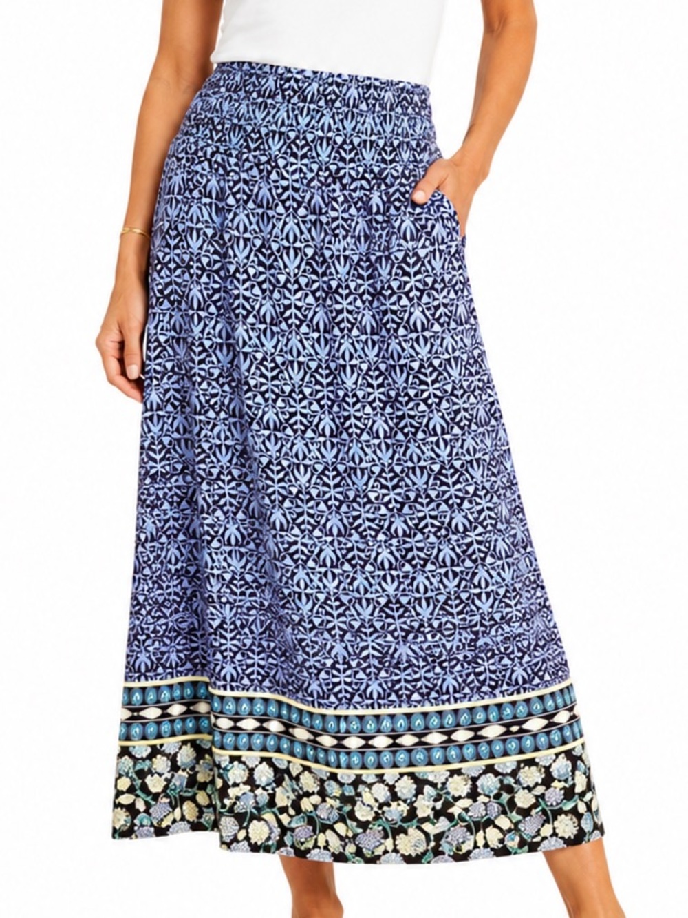 J. Jill Petite Boho Smocked Waist Maxi Skirt Blue Print Size L Petite